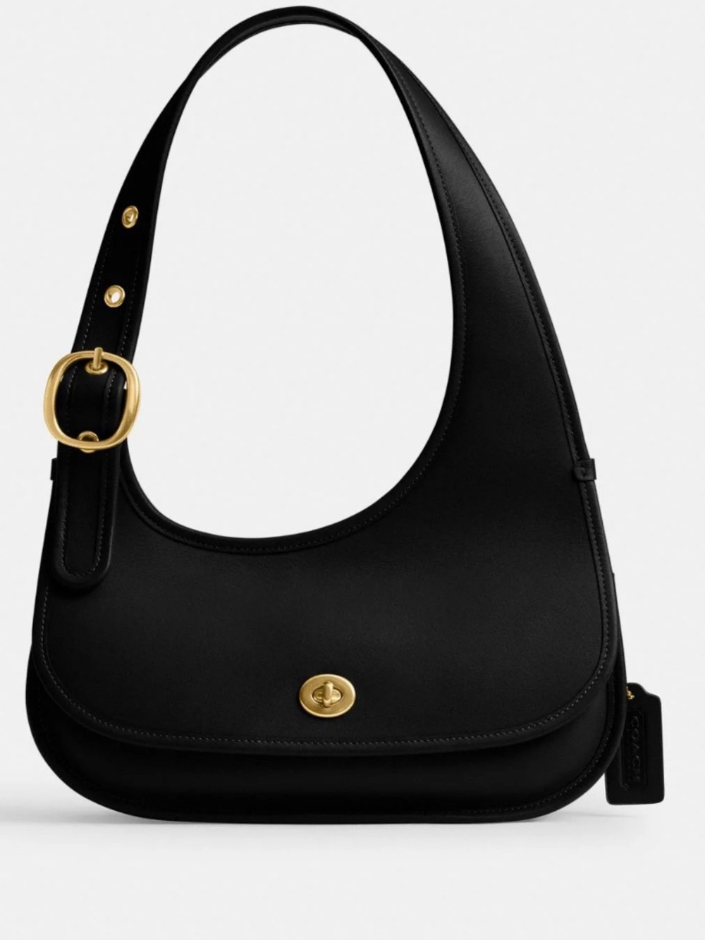 Black Leather Coach Shoulder Bag with Gold Hardware -Cashin Carry Crescent Bag